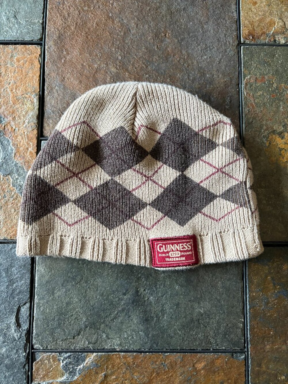 Guinness beanie tan brown argyle with logo patch OSFM